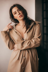 Fototapeta premium Portrait of beautiful young brunette girl with makeup in brown fashion clothes 
