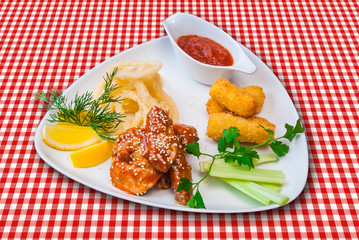 Teriyaki Chicken served with squids ans cheese sticks