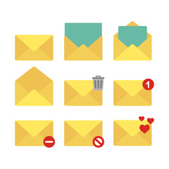 Yellow envelope, open and closed cartoon icon set. Colorful mail paper letter, spam, new message and delete symbol set.