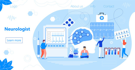 Neurologist, mental health concept vector for website. Neurology, dementia, alzheimer metaphor. Head CT in clinic. Anatomy of brain and examination psychiatric diseases.
