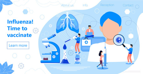 Influenza vaccination. Time to vaccinate. Syringe with vaccine, bottle, vaccination calendar and doctors. Tiny doctors make flu shot. Healthcare vector illustration concepts for website