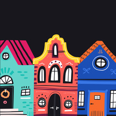 Cute vintage houses facades flat vector illustration