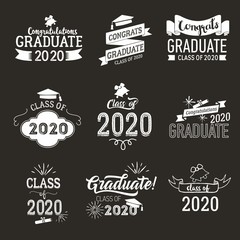 Set of graduation labels. Vector isolated elements for congratulation event, party, high school or college. Awesome lettering Class of 2020 for greeting, invitation card.
