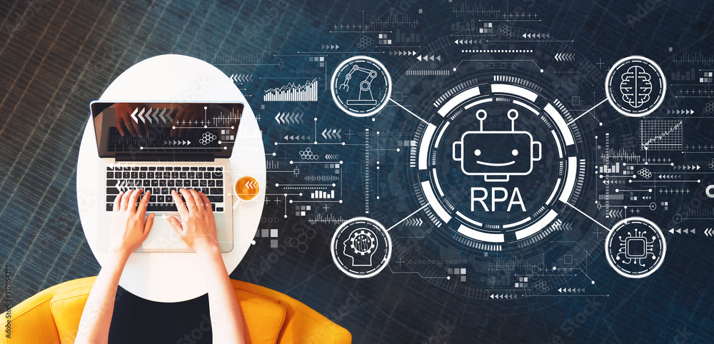 Poster robotic process automation concept with person using a laptop on a white table
