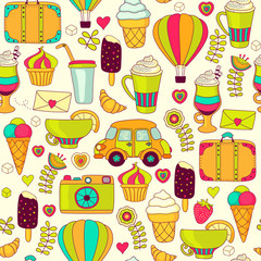 Vector Summer travel Doodles  Seamless Pattern, Background 