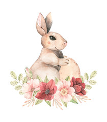 Happy Easter. Pink roses blossom and bunny. Bouquet with gentle rose, bud, branches, green leaves. Watercolor botanical illustration. Perfect for invitations, greeting cards, posters, packing