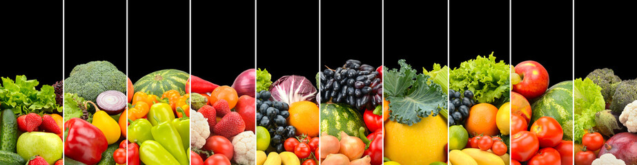 Vegetables, fruits, berries separated vertical lines isolated on black