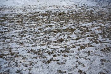 tracks asphalt snow, ice, people’s tracks from shoes on snow, snow removal weather