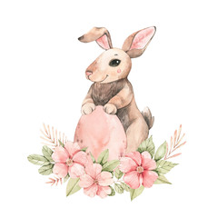 Happy Easter. Pink roses blossom and bunny. Bouquet with gentle rose, bud, branches, green leaves. Watercolor botanical illustration. Perfect for invitations, greeting cards, posters, packing