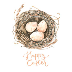 Happy Easter. Farm eggs in nest with ears of wheat. Watercolor illustration. Perfect for invitations, greeting cards, posters, packing