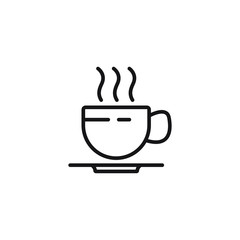 Cup of coffee or tea with steam, vector line icon black on white background.