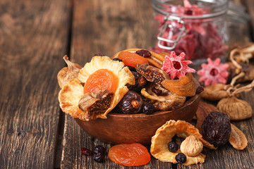 Mix from dried fruits in bowl. Healthy food. Symbols of judaic holiday Tu Bishvat