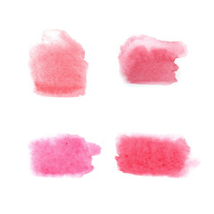 Set of blurry watercolour stains isolated on a white background. Hand drawn watery brush strokes in shades of pink colour.