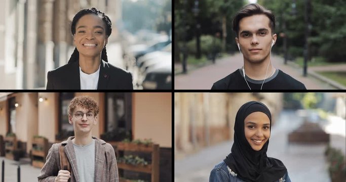 Portrait Of Multiracial Students Looking Into The Camera. Split Screen Collage Of Diverse Smiling Multiracial People. Lifestyle Concept.