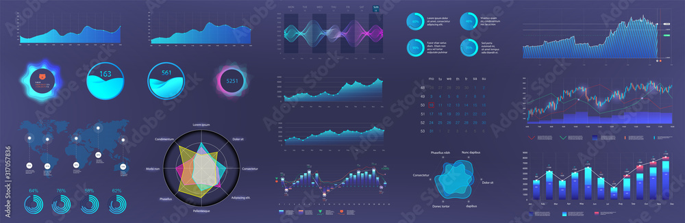 Poster Blue dashboard infographic template. Visualization big data. UI elements set. Online statistics and data analytics. Information panel Mockup and future design. Vector infographics set