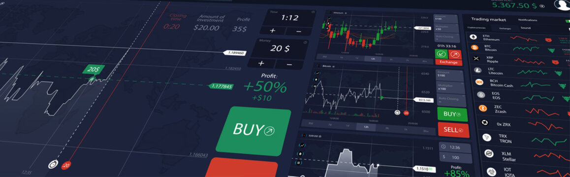Illustration stock market or forex trading platform with dashboard interface. Perspective view, website header banner. Economic trends and stock exchange. Binary option. Vector illustration