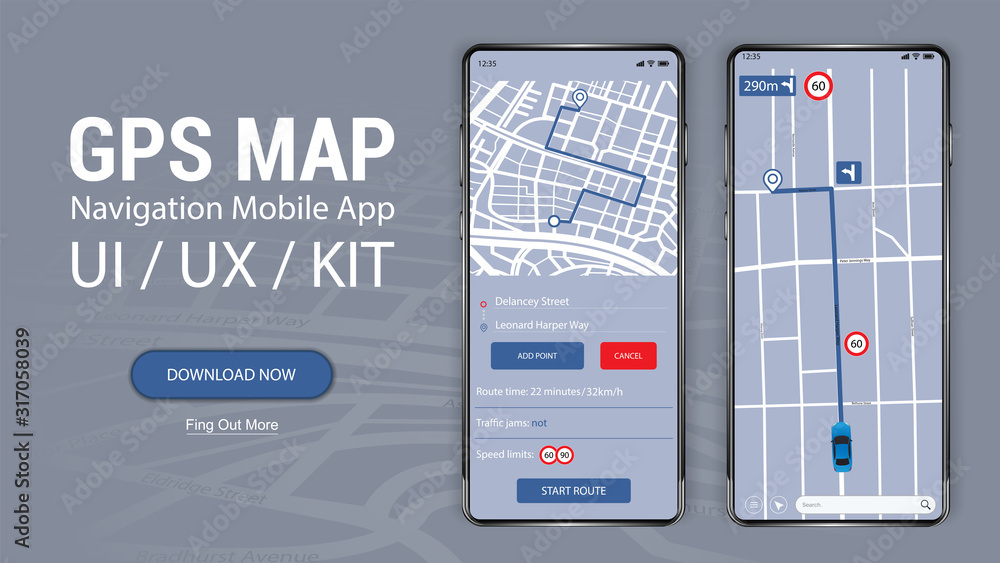Poster Map GPS navigation, smartphone application. UI/UX/KIT Mobile App. Thoughtful and simple application shows roads, speed limit, time. Flat design. Vector illustration