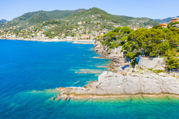 Rocky coast in Camogli, Italy. Aerial view on Adriatic seaside, liguria.