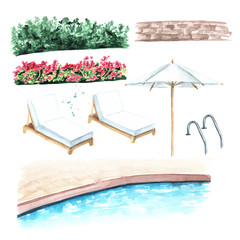 Beach umbrella and sun loungers, pool, green shrub and tropical flowers set, summer vacation concept, Hand drawn watercolor illustration isolated on white background