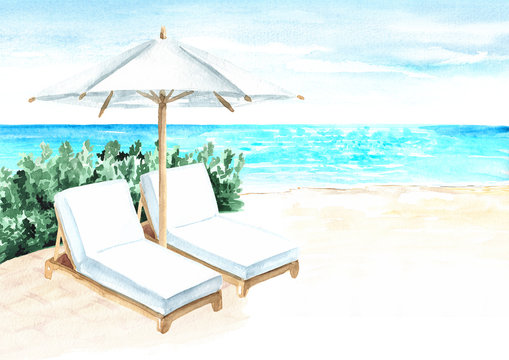 Beach Umbrella and sun loungers on the beach near  the sea, summer vacation concept and background, Hand drawn watercolor illustration