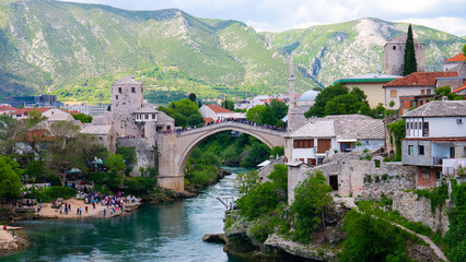 Fototapeta na wymiar Panorama of The Old town of Mostar and Stari most Bridge, Bosnia and Herzegovina. 