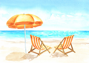 Seascape.Tropical beach with sea, white sand, sun loungers and a beach umbrella, summer vacation concept and background. Hand drawn watercolor illustration