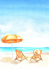 Seascape.Tropical beach with sea, white sand, sun loungers and a beach umbrella, summer vacation concept and vertical background. Hand drawn watercolor illustration © dariaustiugova