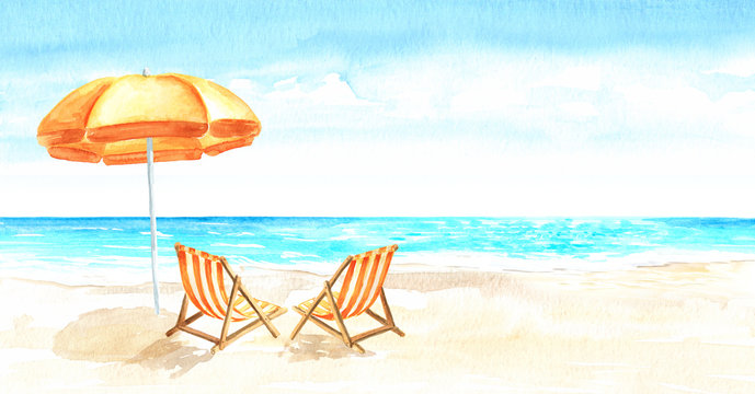 Seascape.Tropical beach with sea, white sand, sun loungers and a beach umbrella, summer vacation concept and background. Hand drawn horizontal watercolor illustration