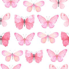 Fototapeta na wymiar Seamless pattern with pink bright watercolor butterflies