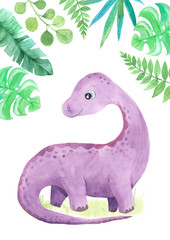 Watercolor cute little dinosaur