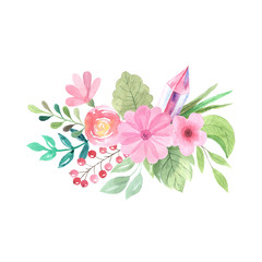 Watercolor floral bouquet with flowers, leaves