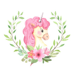 Watercolor cute set of unicorn and pink flowers