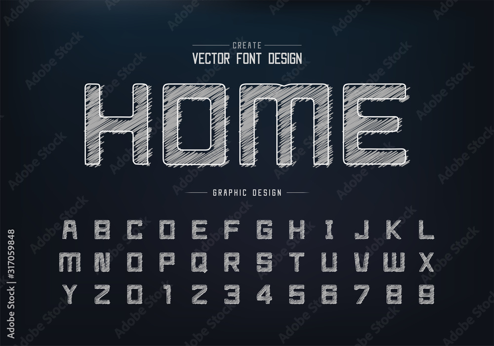 Poster chalk font and alphabet vector, hand draw square typeface letter and number design
