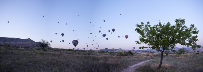 Cappadocia, Turkey, Europe: traditional hot air balloons floating at dawn in the sky over the valley of Cavusin in the historical region in Central Anatolia rich of exceptional natural wonders