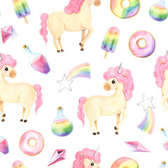 Seamless pattern with watercolor unicorn