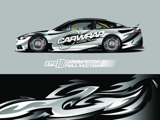 Fototapeta premium Rally car wrap decal design. Abstract stripe racing background designs for wrap cargo van, race car, pickup truck, adventure vehicle. Eps 10