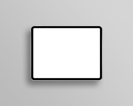 Tablet mockup on minimal background. Modern tablet display mockup scene. Tablet with empty screen. Top view. Photo mockup with clipping path.