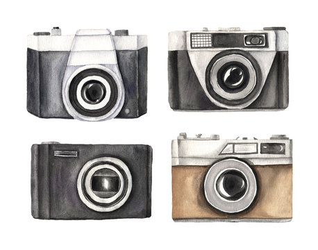 Watercolor vintage photo cameras set