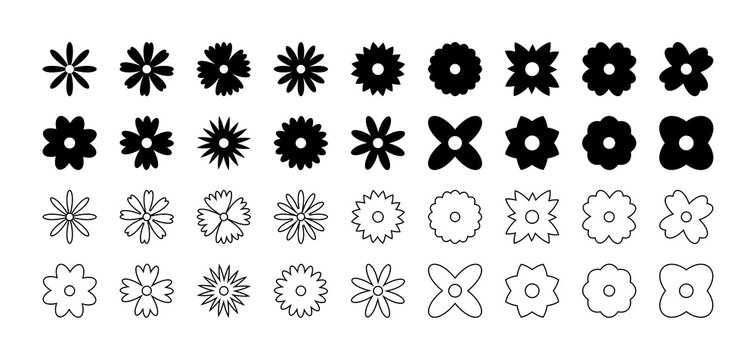 Flowers collection, isolated on white background. Flowers vector icons in flat and linear design. Flowers in a row on white background. Vector illustration