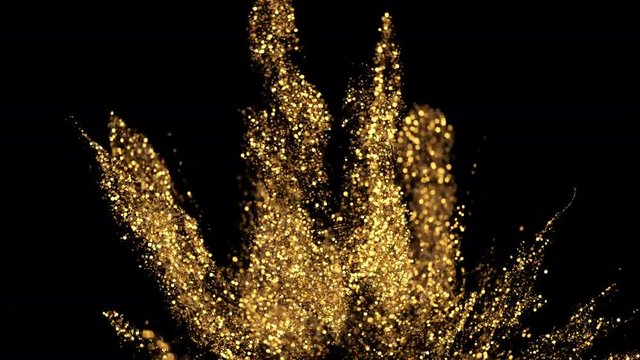 Abstract golden glitter explosion in slow motion. Bokeh background with shining defocus blurred sparkles. Dust macro close up backdrop with logo copy space and alpha channel. 4k ProRes422