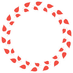 Round frame with horizontal red leaves on white background. Isolated wreath for your design.