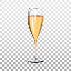 Glass of Champagne with bubbles on isolated background, realistic transparent glass, vector illustration