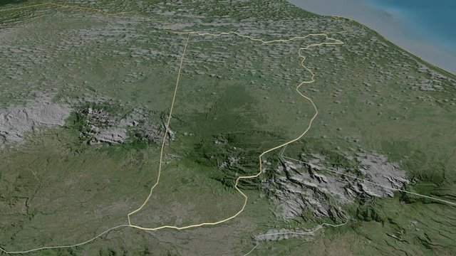 Heredia, province with its capital, zoomed and extruded on the satellite map of Costa Rica in the conformal Stereographic projection. Animation 3D