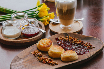 cheesecakes and coffee. Breakfast. cottage cheese