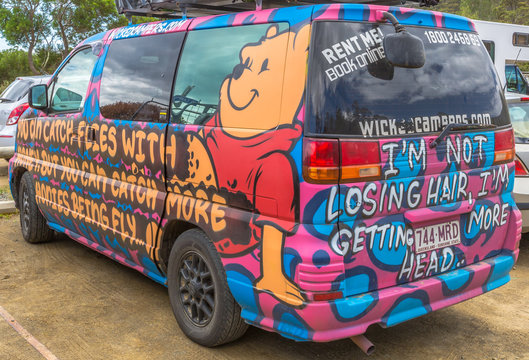 Sydney, Australia - January 9, 2015: Hippie van with Winnie De Pooh airbrushing hand made. Typical campers from Australian company: Wickedcampers.