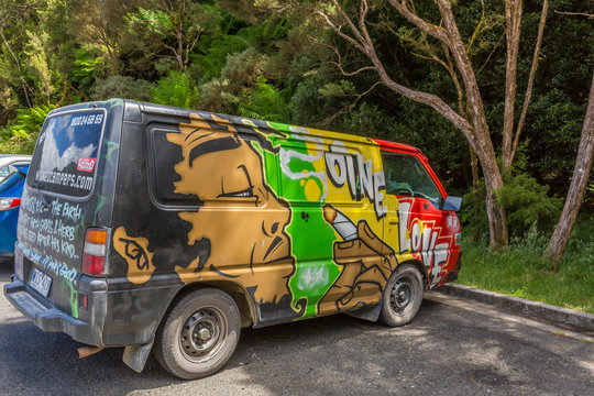Sydney, Australia - January 10, 2015: Hippie van with Bob Marley One Love airbrushing hand made. Typical campers from Australian company: Wickedcampers.