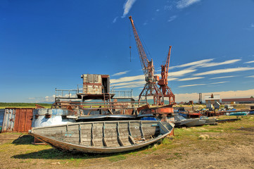Fototapeta premium View of river harbour of Ust-Barguzin, Russia
