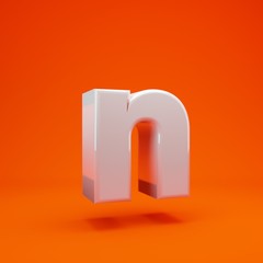 Whithe glossy 3d letter N lowercase on hot orange background