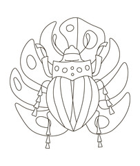 Hand drawing coloring pages for children and adults. A beautiful artwork for creativity. Antistress coloring book with beetle among tropical jungle twigs on monstera sheet