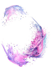 Watercolor bottle with perfume. Hand drawn perfumery illustration. Splash paint, splashes of bright pink and purple. Fashion sketch, invitation,Logo. Isolated on white background. The scent of flowers